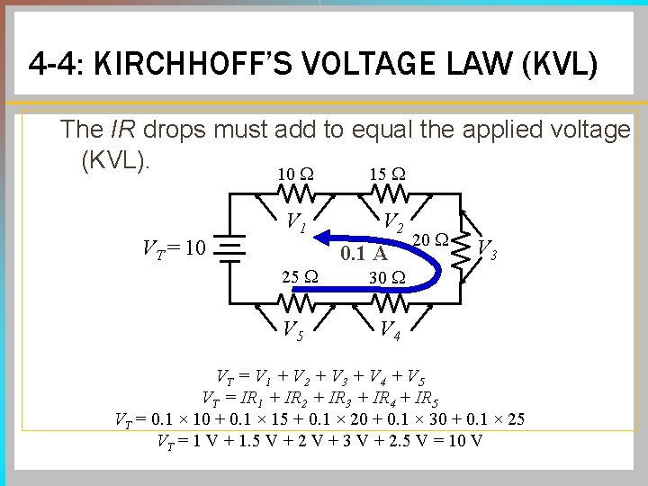 4 -4: KIRCHHOFF’S VOLTAGE LAW (KVL) The IR drops must add to equal the 4 -4: KIRCHHOFF’S VOLTAGE LAW (KVL) The IR drops must add to equal the