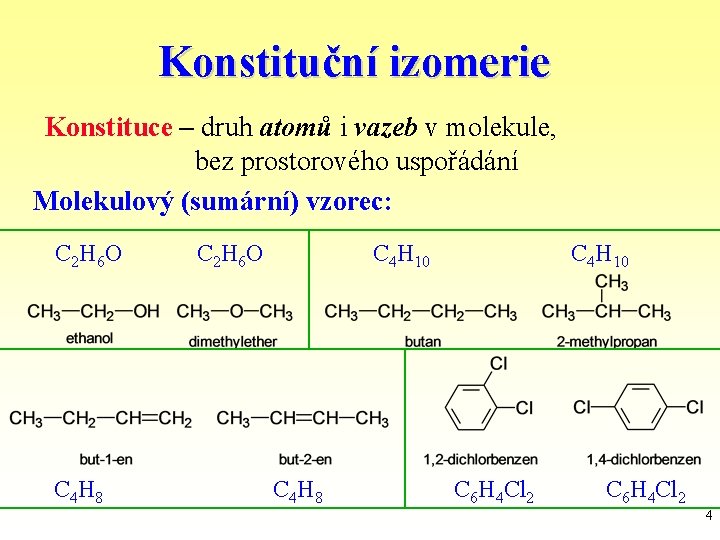 Konstituční izomerie Konstituce – druh atomů i vazeb v molekule, bez prostorového uspořádání Molekulový