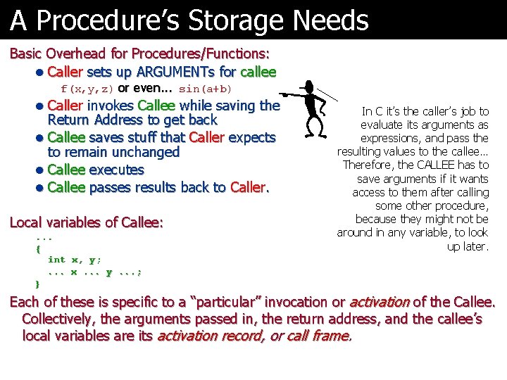 A Procedure’s Storage Needs Basic Overhead for Procedures/Functions: l Caller sets up ARGUMENTs for