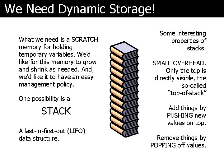 We Need Dynamic Storage! What we need is a SCRATCH memory for holding temporary