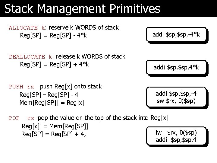 Stack Management Primitives ALLOCATE k: reserve k WORDS of stack Reg[SP] = Reg[SP] -