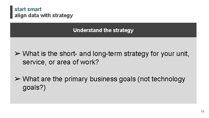 start smart align data with strategy Understand the strategy ➢ What is the short-