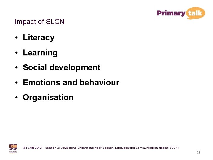 Impact of SLCN • Literacy • Learning • Social development • Emotions and behaviour