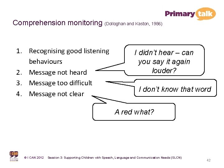 Comprehension monitoring (Dolloghan and Kaston, 1986) 1. Recognising good listening behaviours 2. Message not