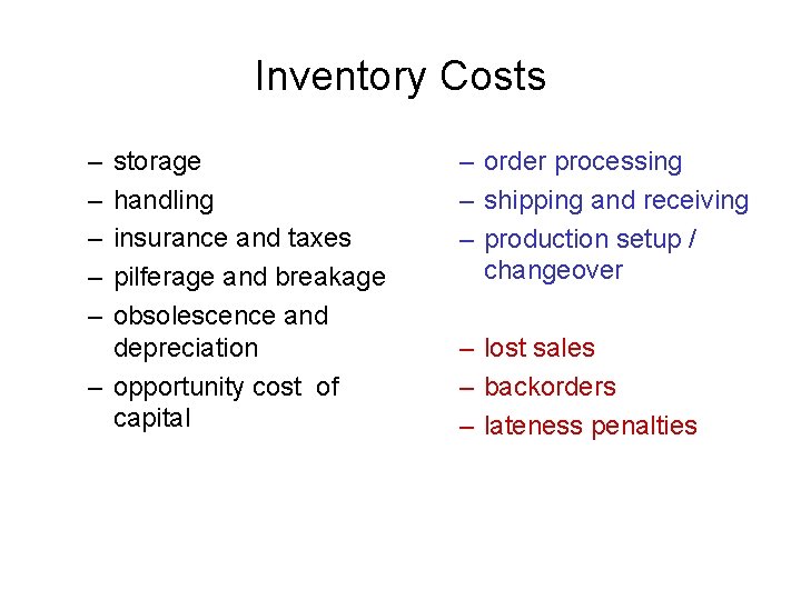Inventory Costs – – – storage handling insurance and taxes pilferage and breakage obsolescence
