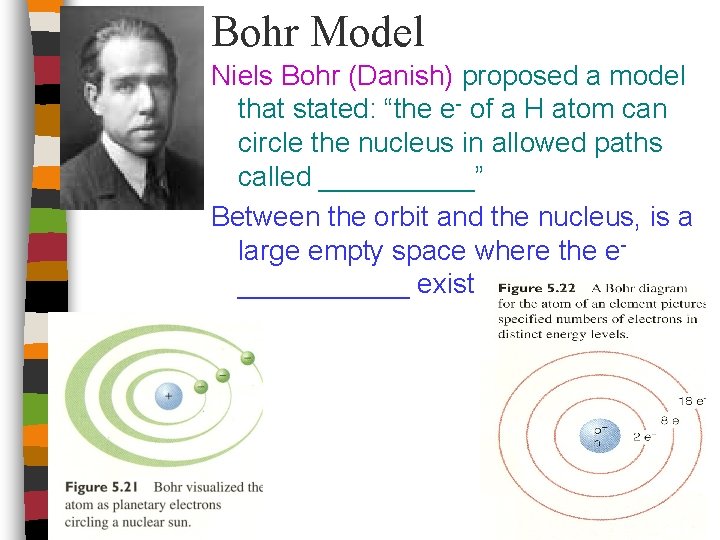 Bohr Model Niels Bohr (Danish) proposed a model that stated: “the e- of a