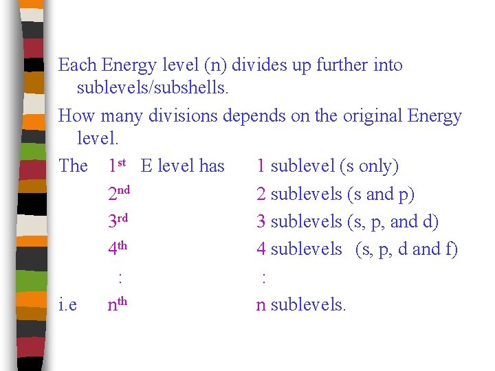 Each Energy level (n) divides up further into sublevels/subshells. How many divisions depends on