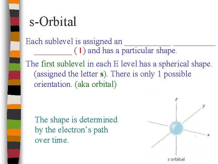 s-Orbital Each sublevel is assigned an _________ ( l ) and has a particular