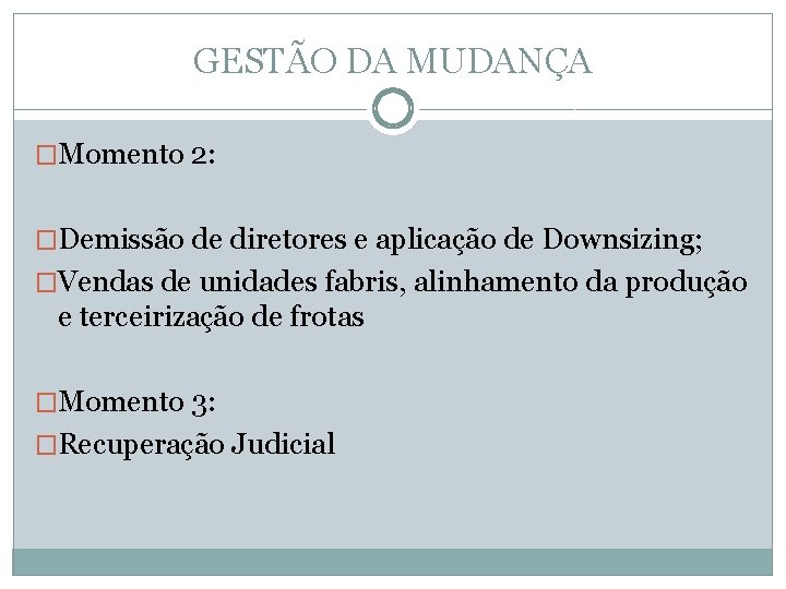 GESTÃO DA MUDANÇA �Momento 2: �Demissão de diretores e aplicação de Downsizing; �Vendas de