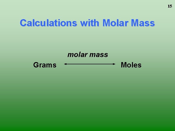 15 Calculations with Molar Mass molar mass Grams Moles 15 Calculations with Molar Mass molar mass Grams Moles