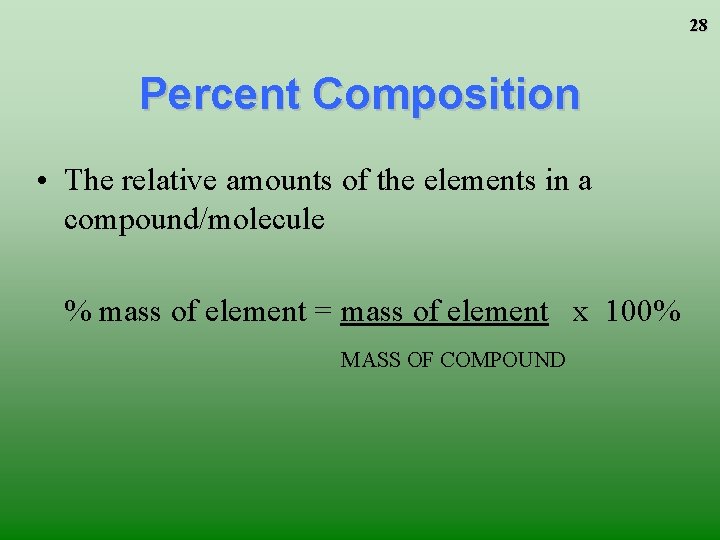 28 Percent Composition • The relative amounts of the elements in a compound/molecule % 28 Percent Composition • The relative amounts of the elements in a compound/molecule %