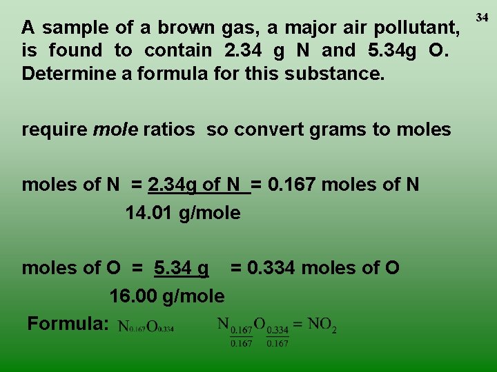 A sample of a brown gas, a major air pollutant, is found to contain A sample of a brown gas, a major air pollutant, is found to contain