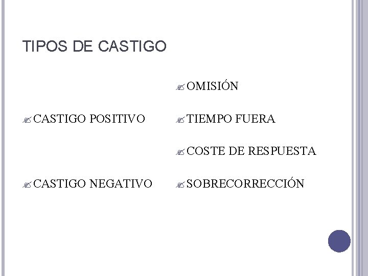 TIPOS DE CASTIGO OMISIÓN CASTIGO POSITIVO TIEMPO FUERA COSTE DE RESPUESTA CASTIGO NEGATIVO SOBRECORRECCIÓN