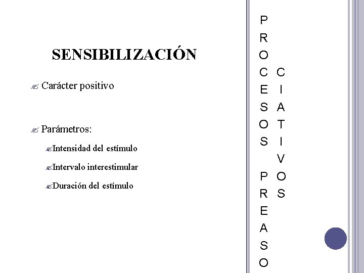 SENSIBILIZACIÓN Carácter positivo Parámetros: Intensidad del estímulo Intervalo interestimular Duración del estímulo P R