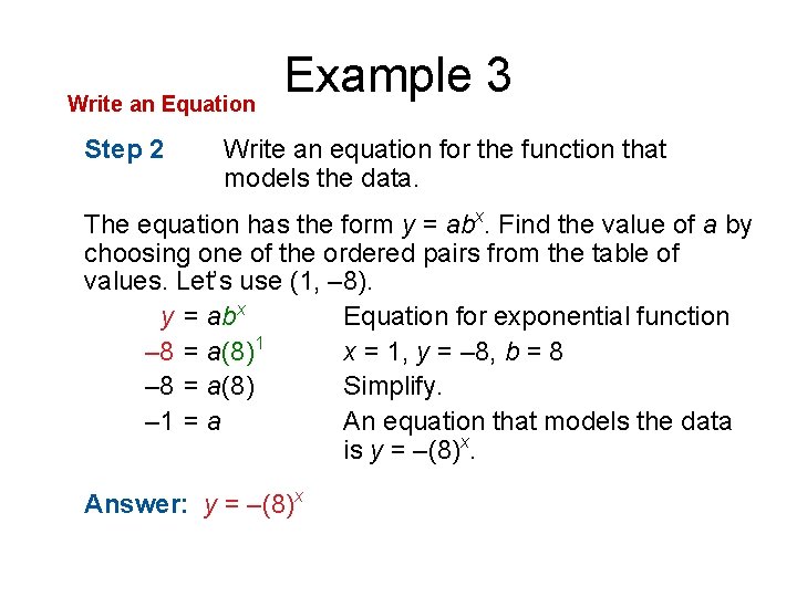 Write an Equation Step 2 Example 3 Write an equation for the function that