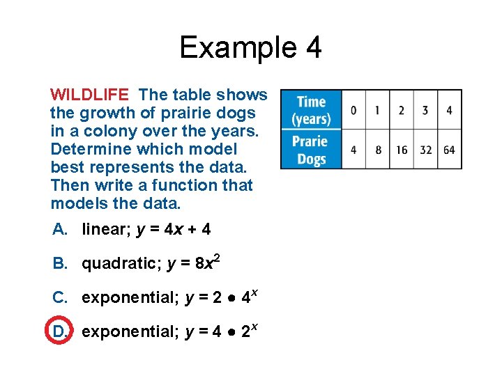 Example 4 WILDLIFE The table shows the growth of prairie dogs in a colony