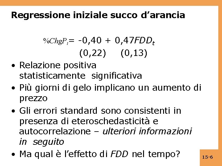 Regressione iniziale succo d’arancia %Chg. Pt= -0, 40 + 0, 47 FDDt • •