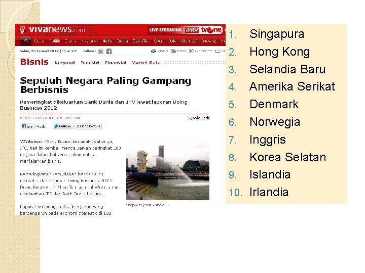 Singapura 2. Hong Kong 3. Selandia Baru 4. Amerika Serikat 5. Denmark 6. Norwegia