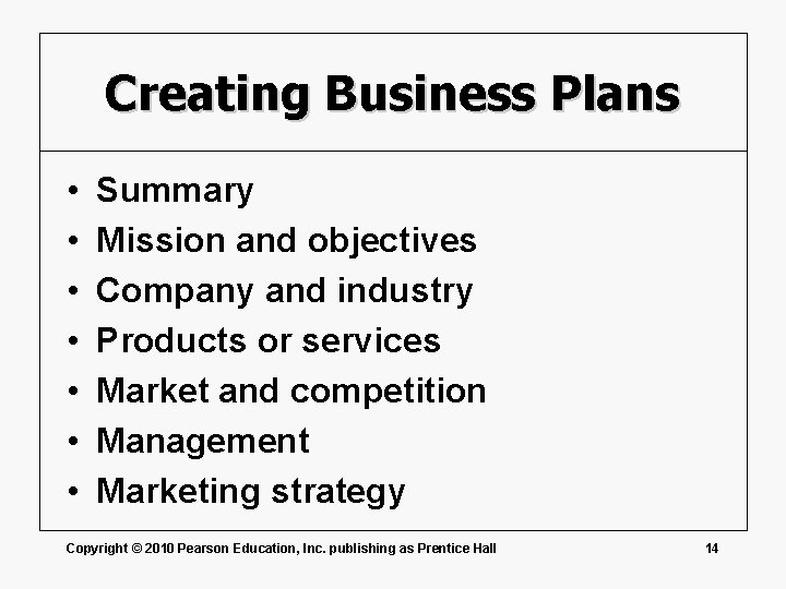 Creating Business Plans • • Summary Mission and objectives Company and industry Products or