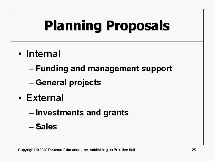Planning Proposals • Internal – Funding and management support – General projects • External