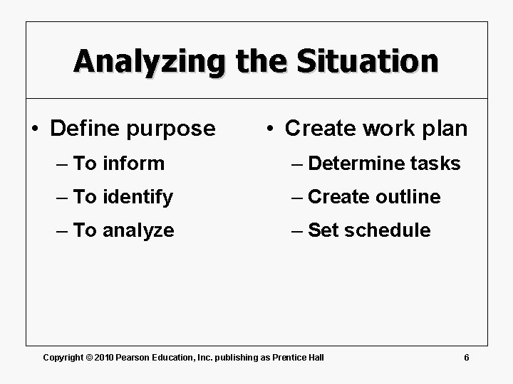Analyzing the Situation • Define purpose • Create work plan – To inform –