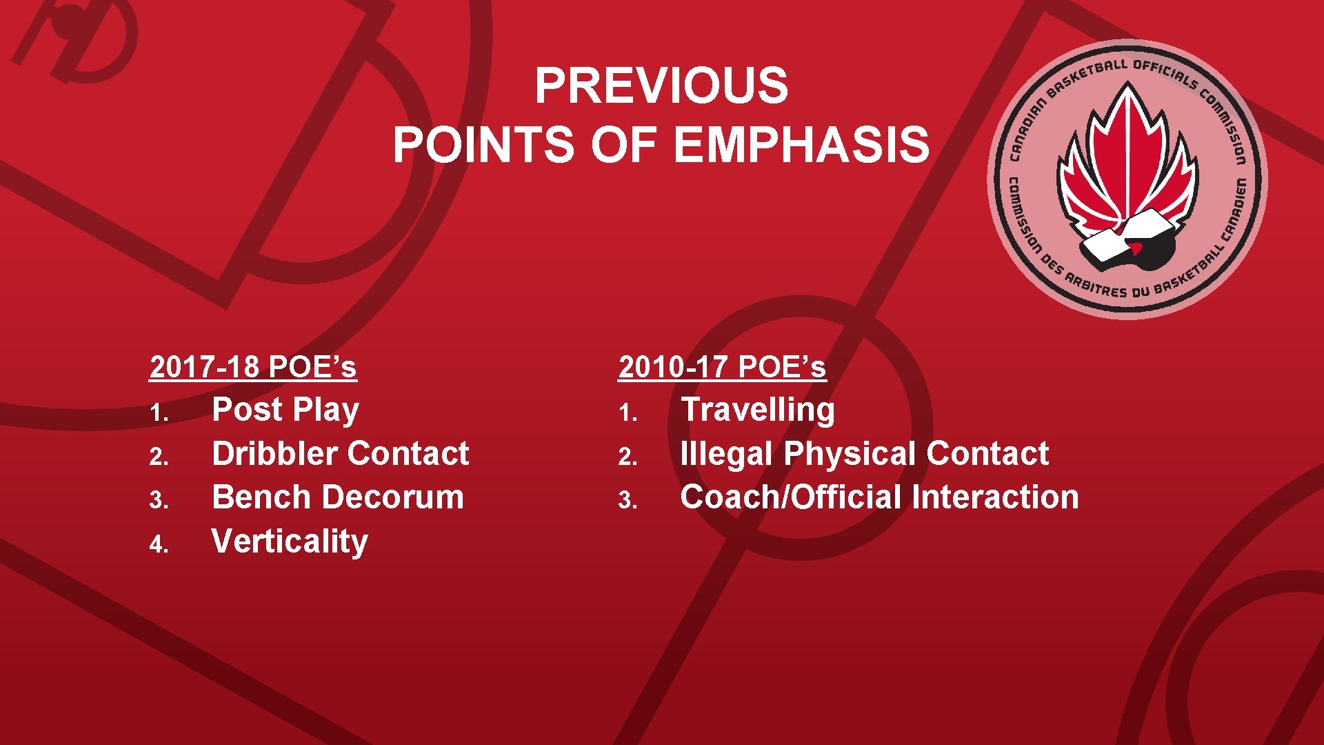 PREVIOUS POINTS OF EMPHASIS 2017 -18 POE’s 1. 2. 3. 4. Post Play Dribbler