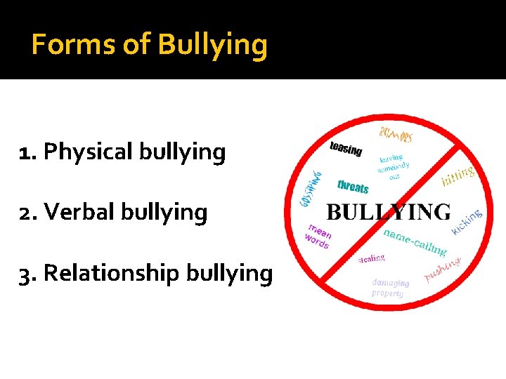 Forms of Bullying 1. Physical bullying 2. Verbal bullying 3. Relationship bullying 