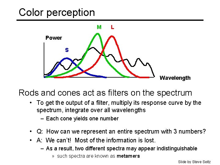 Color perception M L Power S Wavelength Rods and cones act as filters on