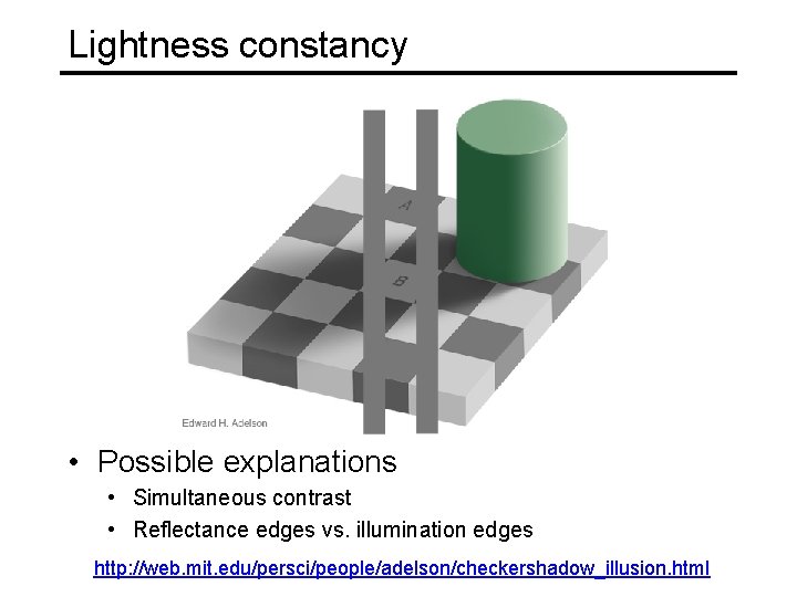 Lightness constancy • Possible explanations • Simultaneous contrast • Reflectance edges vs. illumination edges