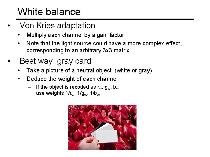 White balance • Von Kries adaptation • • • Multiply each channel by a