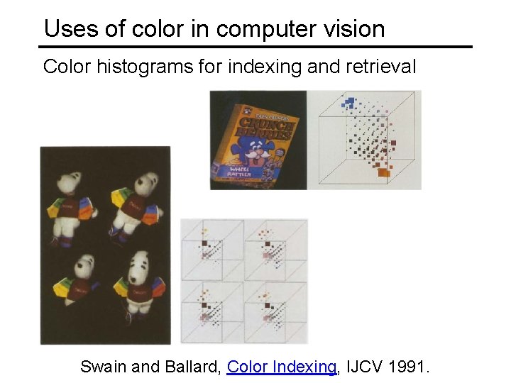 Uses of color in computer vision Color histograms for indexing and retrieval Swain and
