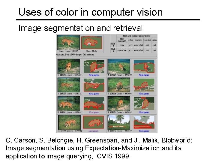Uses of color in computer vision Image segmentation and retrieval C. Carson, S. Belongie,
