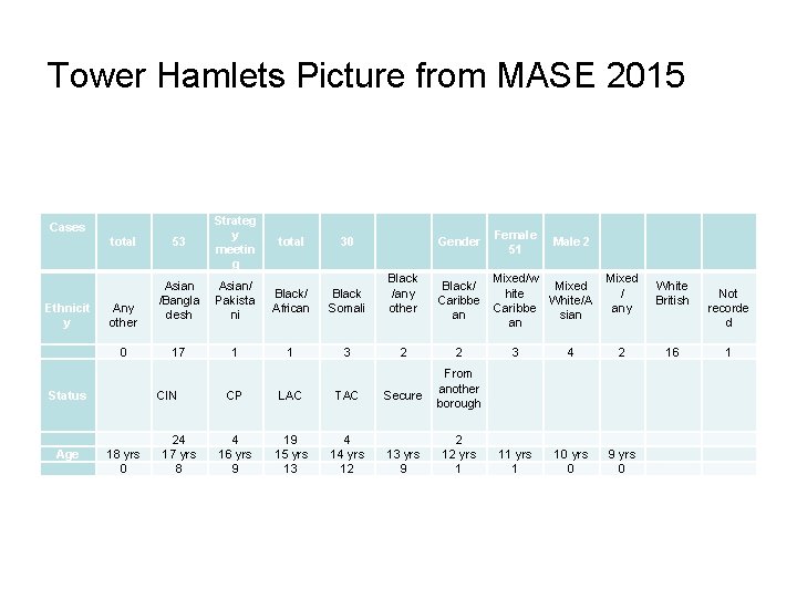 Tower Hamlets Picture from MASE 2015 total 53 Strateg y meetin g Ethnicit y