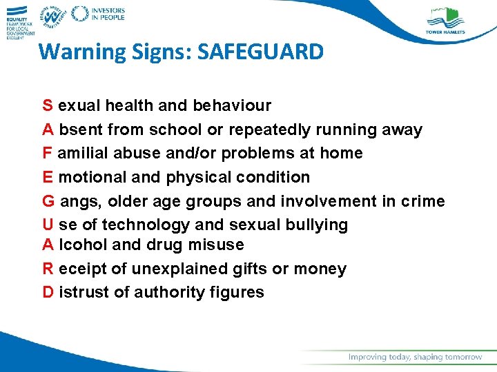 Warning Signs: SAFEGUARD S exual health and behaviour A bsent from school or repeatedly