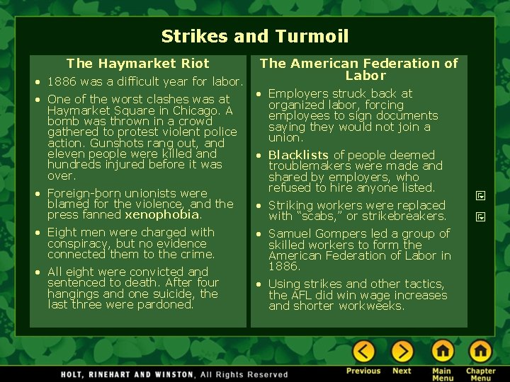Strikes and Turmoil The Haymarket Riot • 1886 was a difficult year for labor. Strikes and Turmoil The Haymarket Riot • 1886 was a difficult year for labor.