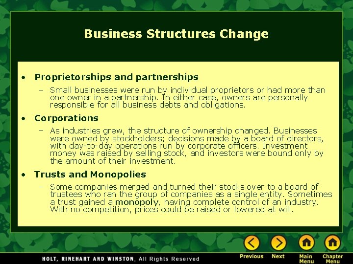 Business Structures Change • Proprietorships and partnerships – Small businesses were run by individual Business Structures Change • Proprietorships and partnerships – Small businesses were run by individual