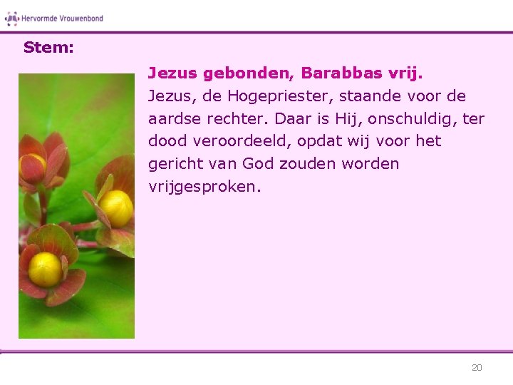 Stem: Jezus gebonden, Barabbas vrij. Jezus, de Hogepriester, staande voor de aardse rechter. Daar