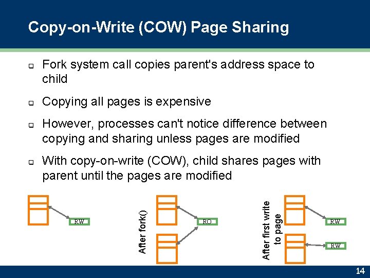Copy-on-Write (COW) Page Sharing q q Copying all pages is expensive However, processes can't
