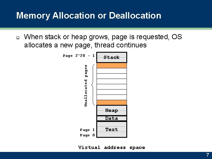 Memory Allocation or Deallocation When stack or heap grows, page is requested, OS allocates