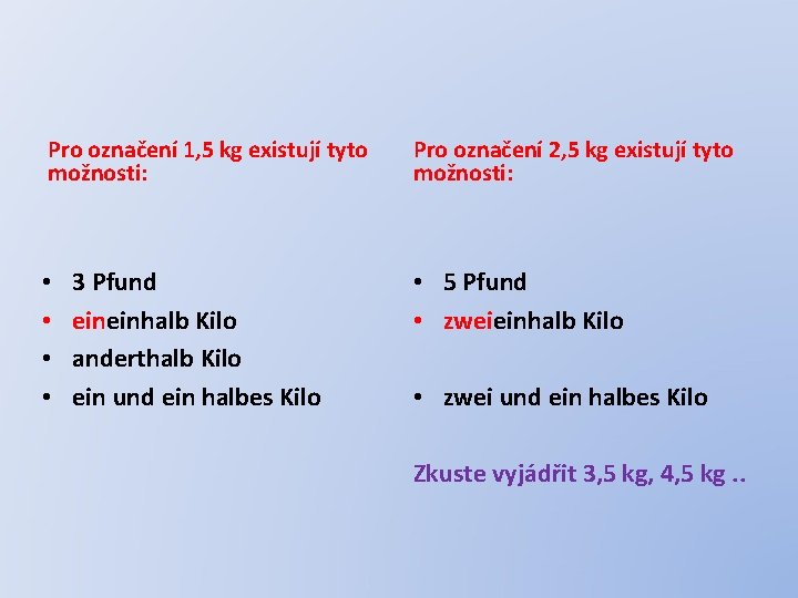 Pro označení 1, 5 kg existují tyto možnosti: • • 3 Pfund eineinhalb Kilo