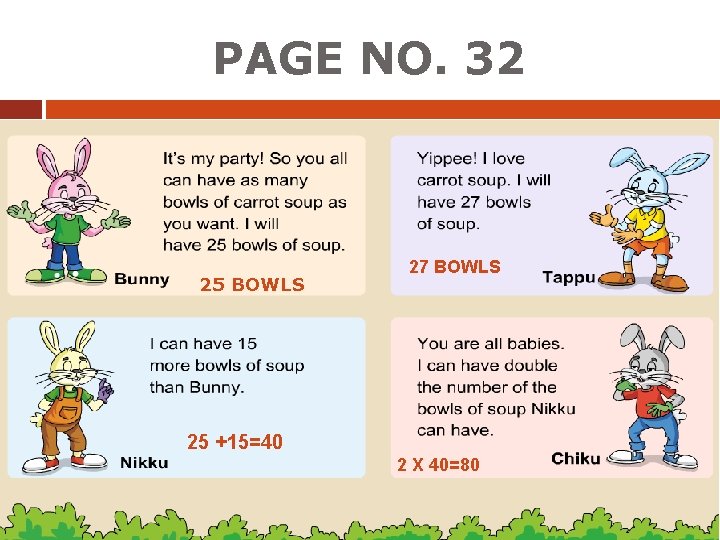 PAGE NO. 32 25 BOWLS 27 BOWLS 25 +15=40 2 X 40=80 