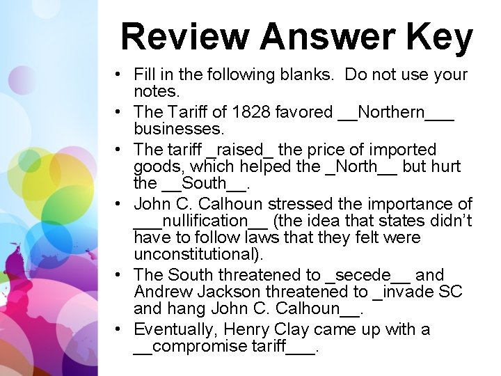 Review Answer Key • Fill in the following blanks. Do not use your notes.