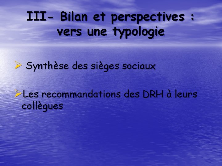 III- Bilan et perspectives : vers une typologie Ø Synthèse des sièges sociaux ØLes