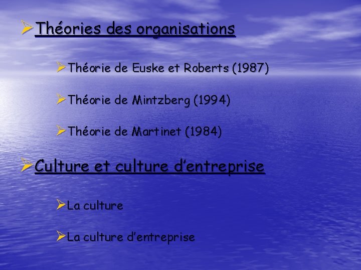 ØThéories des organisations ØThéorie de Euske et Roberts (1987) ØThéorie de Mintzberg (1994) ØThéorie