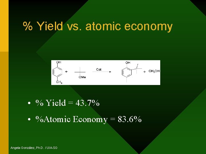 % Yield vs. atomic economy • % Yield = 43. 7% • %Atomic Economy