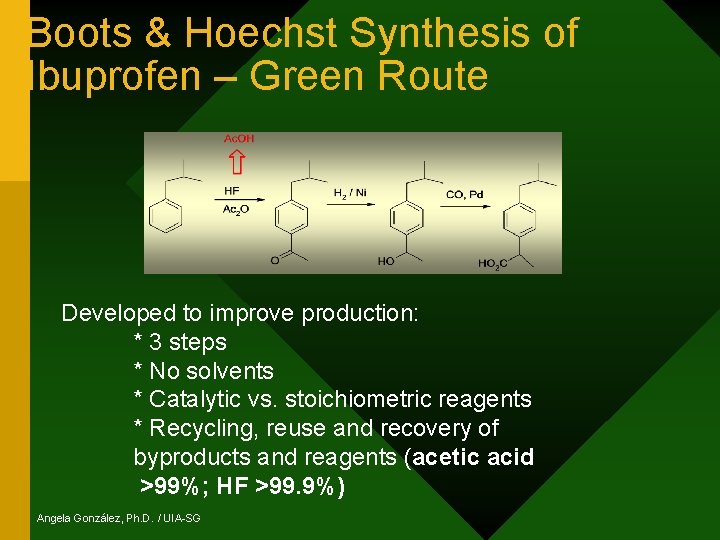 Boots & Hoechst Synthesis of Ibuprofen – Green Route Developed to improve production: *