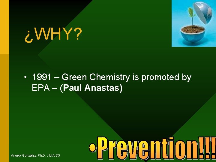 ¿WHY? • 1991 – Green Chemistry is promoted by EPA – (Paul Anastas) Angela
