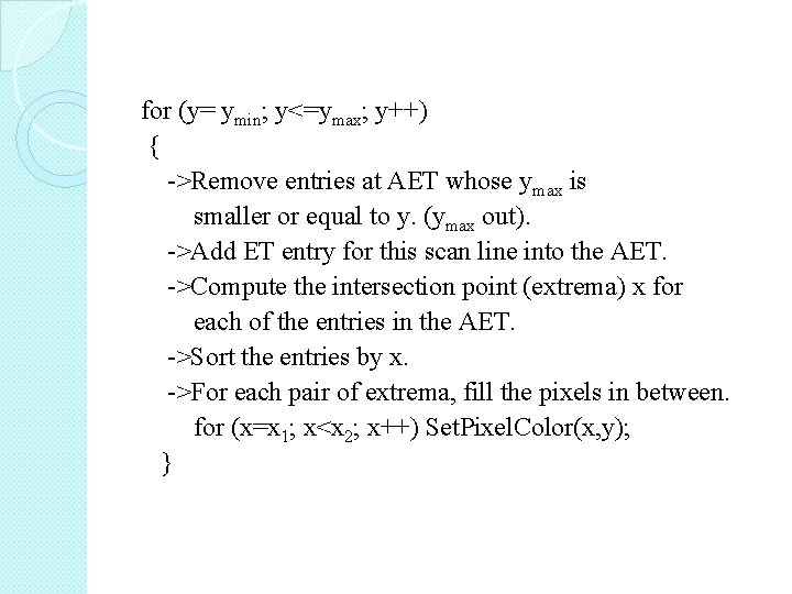 for (y= ymin; y<=ymax; y++) { ->Remove entries at AET whose ymax is smaller