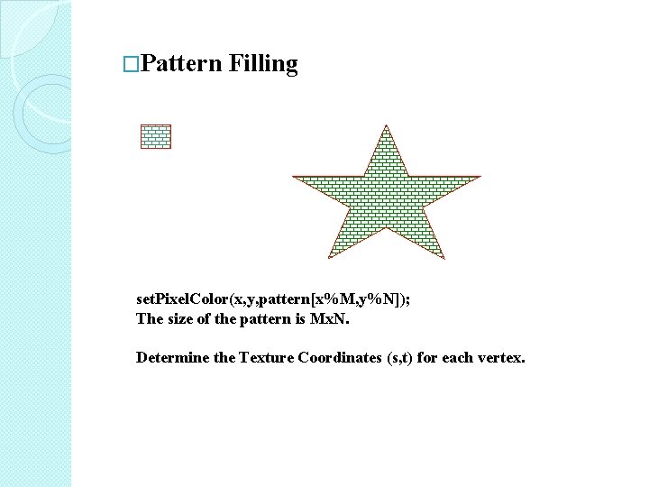 �Pattern Filling set. Pixel. Color(x, y, pattern[x%M, y%N]); The size of the pattern is