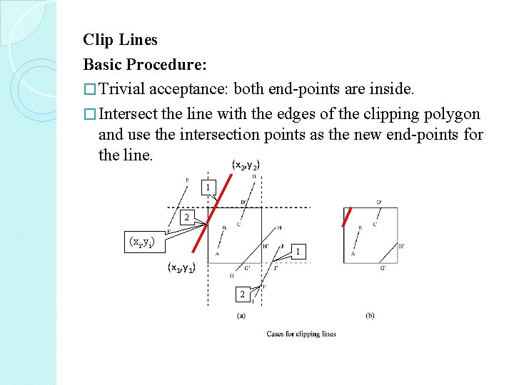 Clip Lines Basic Procedure: � Trivial acceptance: both end-points are inside. � Intersect the Clip Lines Basic Procedure: � Trivial acceptance: both end-points are inside. � Intersect the